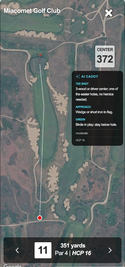 AI Caddy on the GPS map — tee shot, approach, and green advice right on the hole