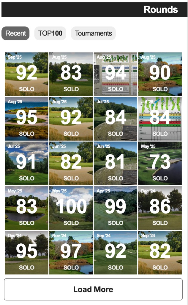 Rounds grid — every round with course photos and scores