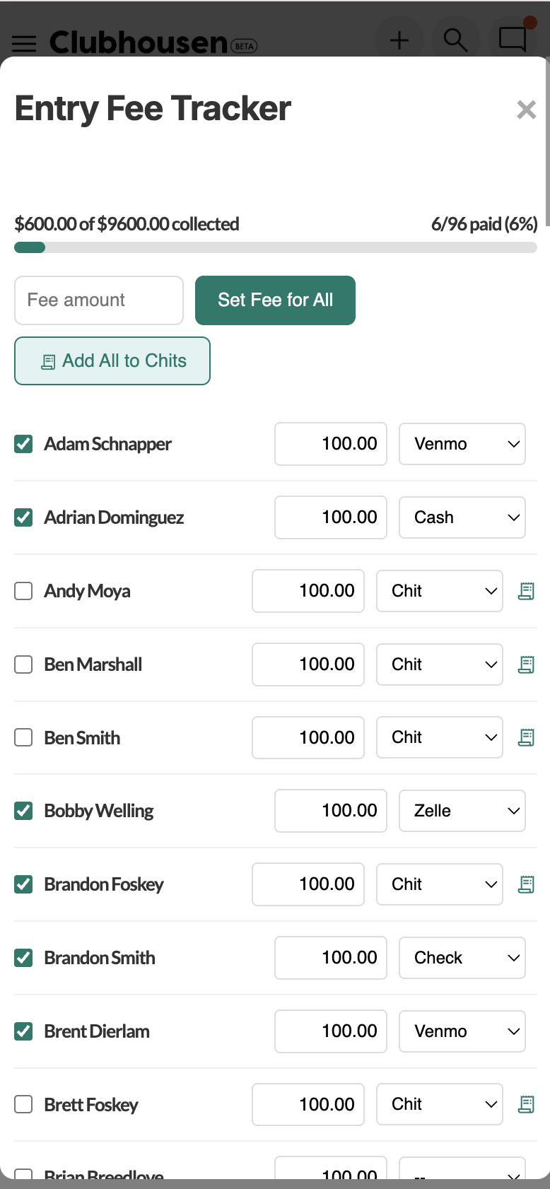 Entry Fee Tracker — $600 of $9,600 collected, per-player payment tracking